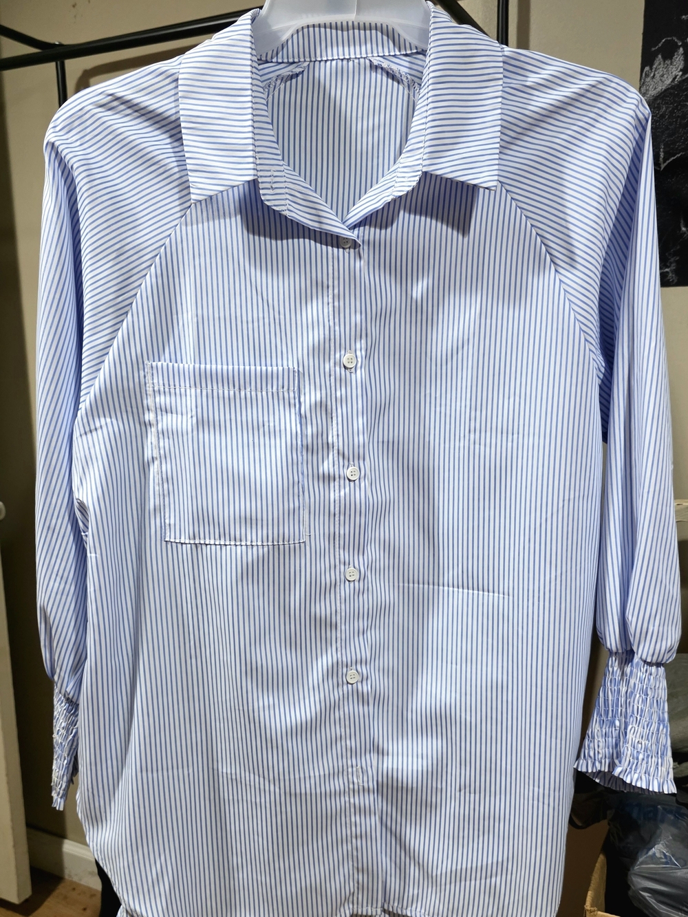 Blue and White Striped Button-Up Shirt With Pockets